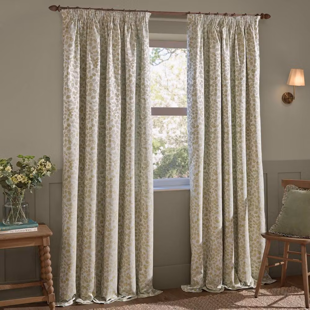 Wylder Haus Grace Leaf Jacquard Pencil Pleat Curtain Pair in Green, Width: 229 cm, Drop: 137 cm – 2
