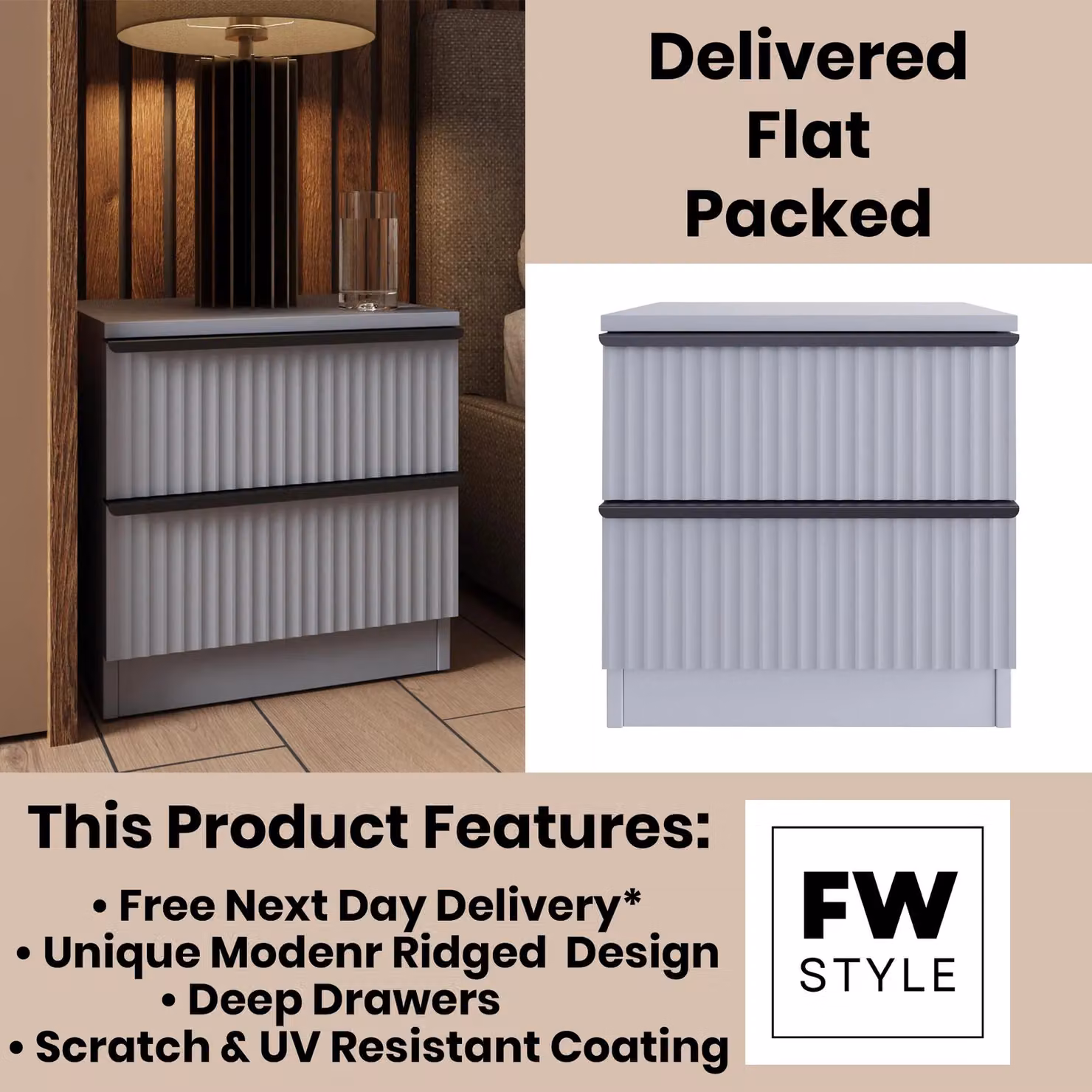 FWStyle Matt Grey 2 Drawer Bedside Cabinet with Abstract Design and Black Metal Handles, H46 x W45 x D40 cm – 5