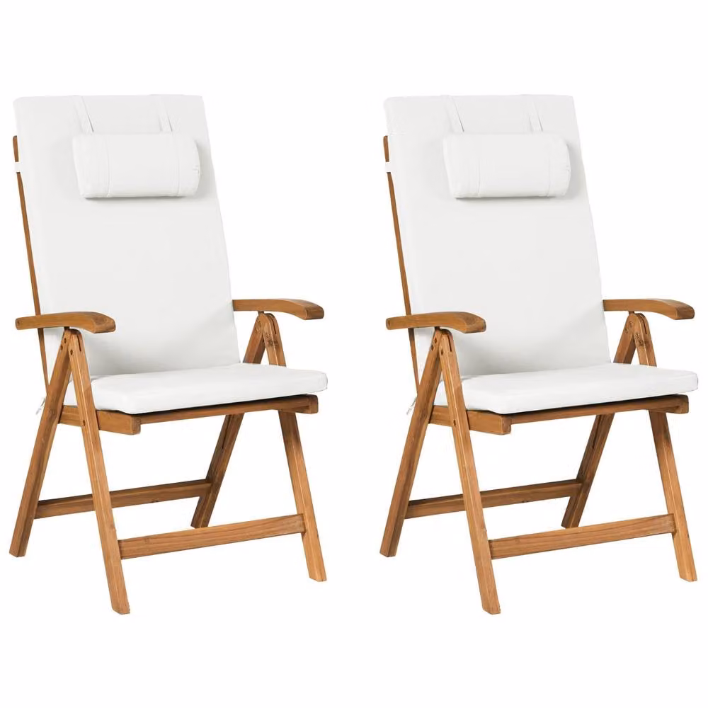 Wyld and Coco Set of 2 Foldable Acacia Wood Garden Chairs in Brown and Off-White – 2