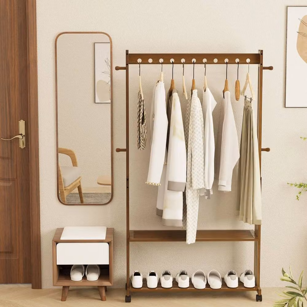 KORVIXA Bamboo Hanging Clothes Rail with Dual Hook and Rail Matrix in Brown, Width: 90 cm – 2