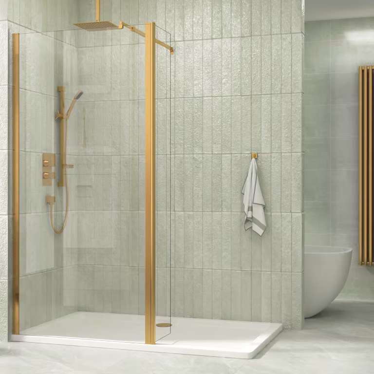 Royal Bathrooms Marbella Walk In Wet Room Shower Screen with Flipper Panel, Gold Brushed Brass, 8mm Easy Clean Glass, W: 185 cm, D: 50 cm, H: 50 cm