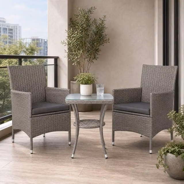 STILVORA Modern Bistro Set with Tempered Glass Table and Metal Frame in Light Grey