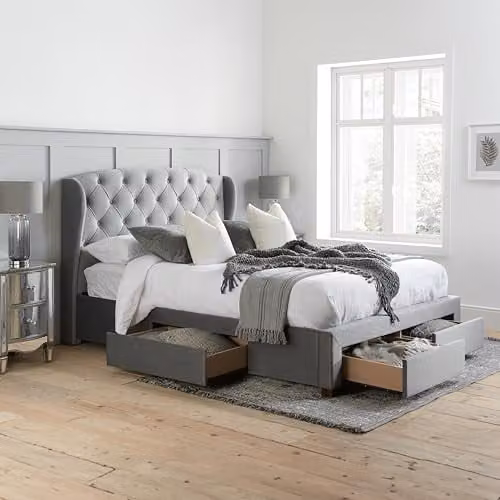 Birlea Hope Grey Velvet Upholstered Storage Bed Frame with Drawers W/D/H: 180 x 150 x 124.2 cm
