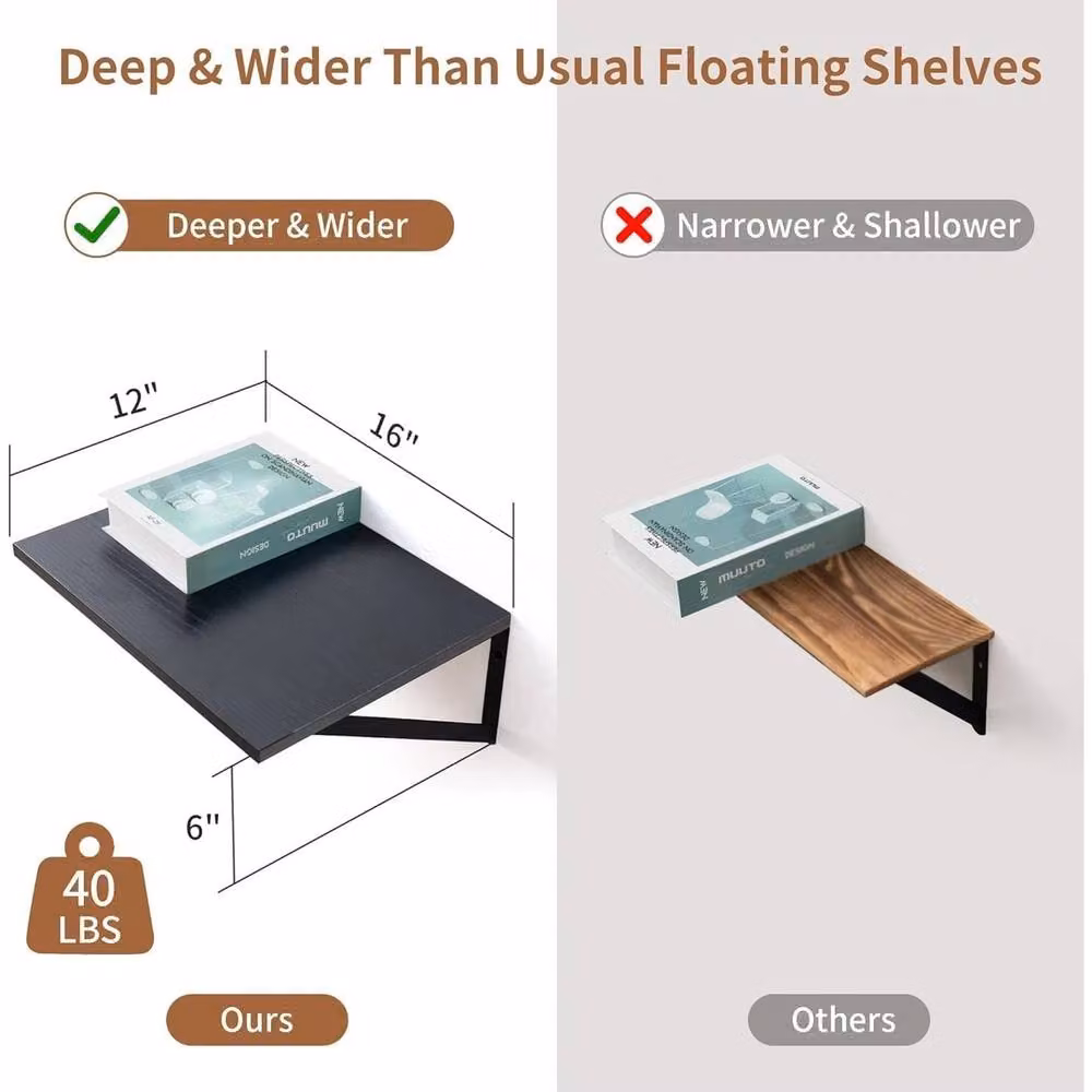 EONLION Black Matt Floating Wall Shelves, W: 50.0 cm, D: 30.5 cm, H: 4.1 cm – 3