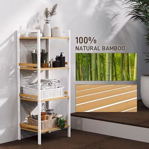 HOMCOM 4-Tier Bamboo Bathroom Storage Shelf with Adjustable Shelves, Natural and White, W/D/H: 43.5 x 31.5 x 111.0 cm – 4