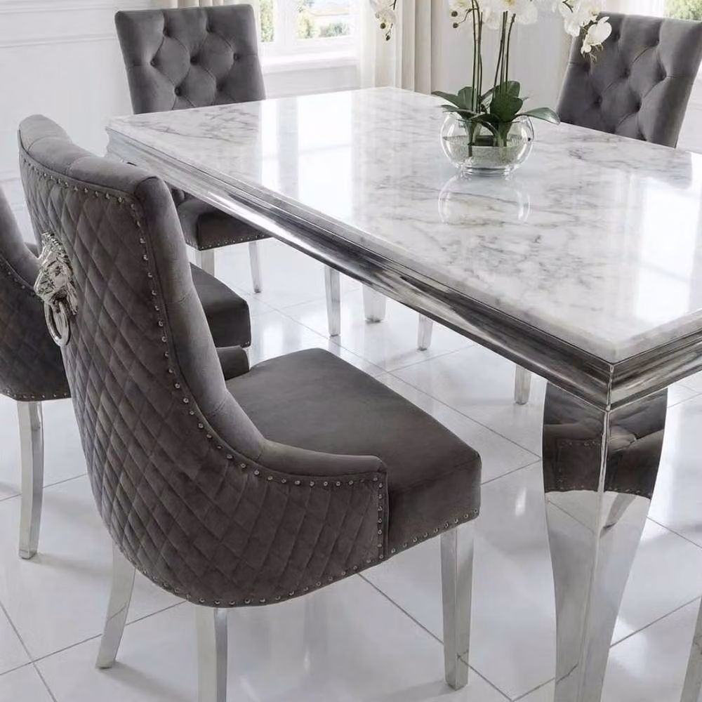 Home Luxe Interior Sofia Dining Set with Cream Gold Marble Table and 6 Grey Lion Back Velvet Chairs, Width: 160 cm – 4
