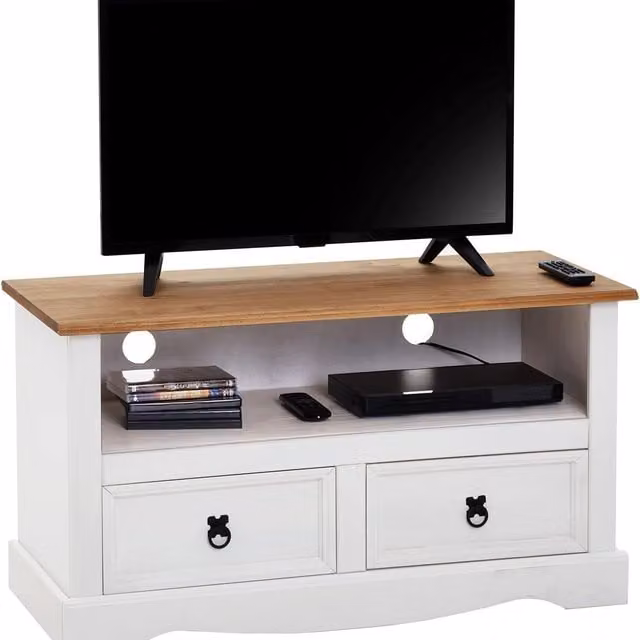 Mews White Lacquered Pine 2 Drawer Flat Screen TV Unit W/D/H: 120 x 40 x 51 cm