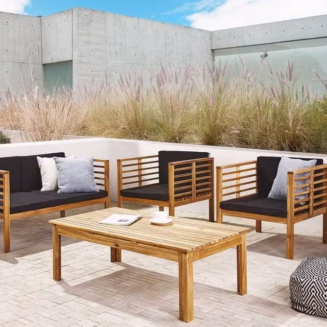 Wyld and Coco 4-Seater Acacia Wood Garden Conversation Set with Coffee Table and Cushions, Brown