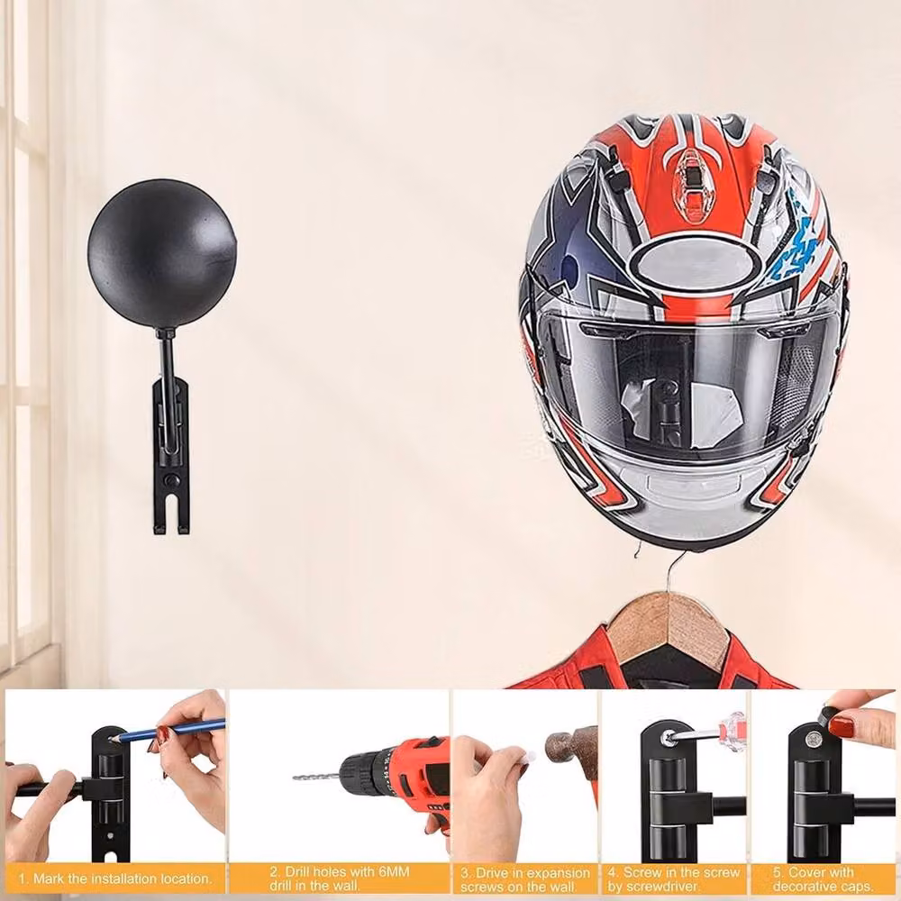 FLAVORA Wall-Mounted 2x Motorcycle Helmet Holder Rack in Black Stainless Steel – 5