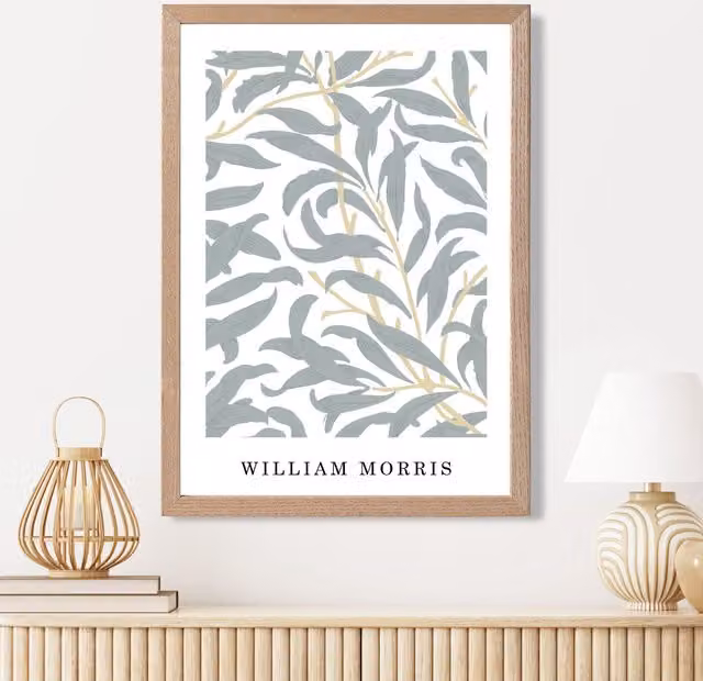 ARTZE William Morris Willow Floral Art Print in Sage Green with Oak Frame, A2 – 1