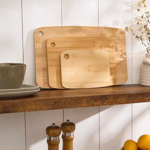 OHS Set of 3 Natural Bamboo and Wood Non-Slip Rectangular Chopping Boards in Brown