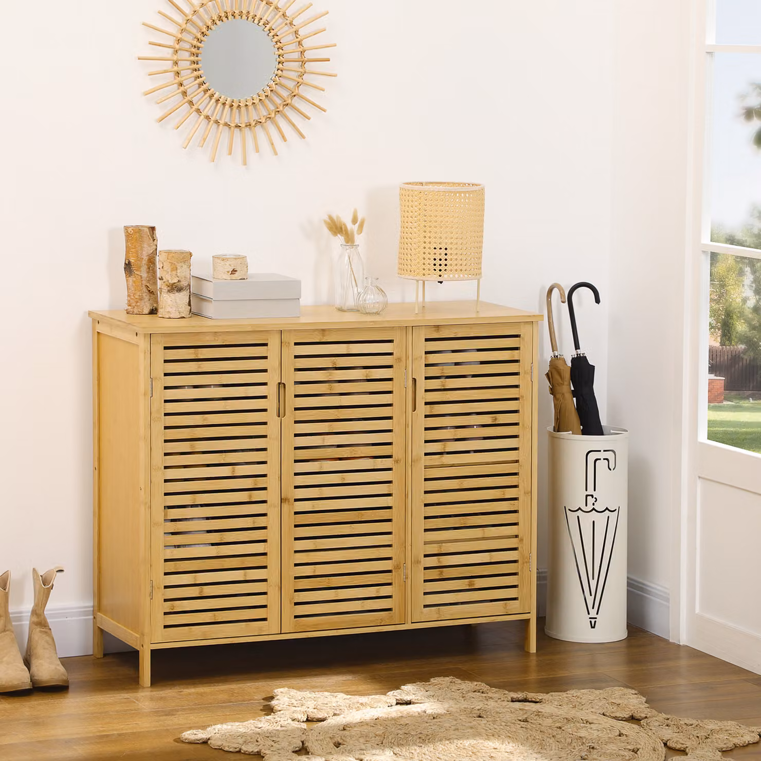 HOMCOM Rustic Brown Shoe Cabinet with 3 Hinged Doors and 8 Internal Shelves – 2
