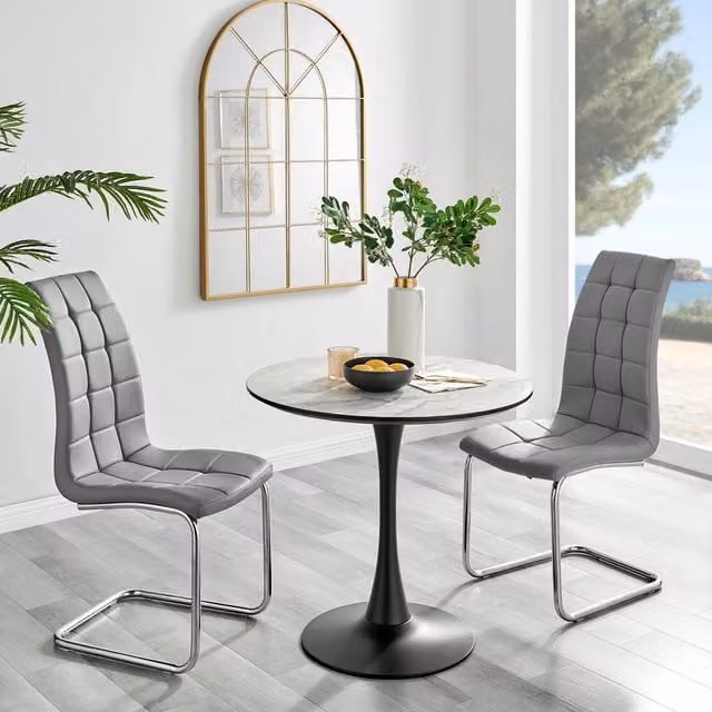 FurnitureboxUK Elina White Marble Effect Round Dining Table and 2 Murano Faux Leather Chairs in Grey