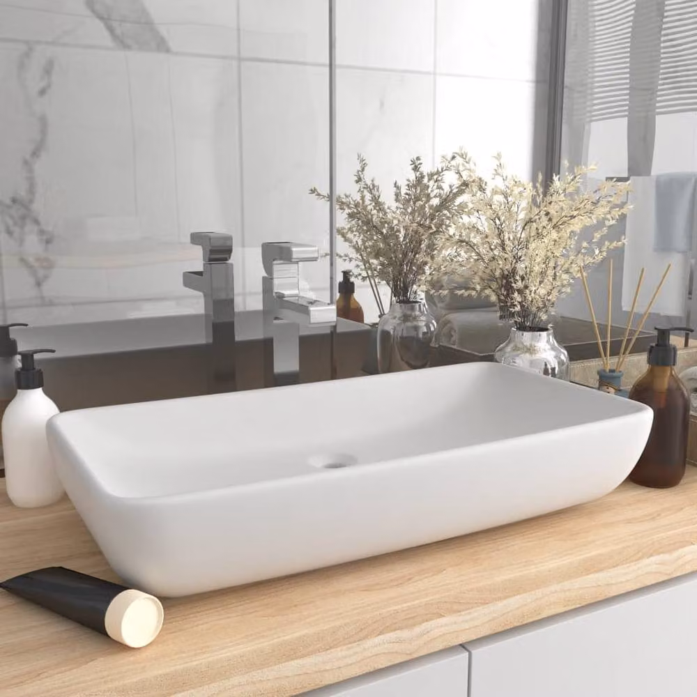 Berkfield Home Luxury Rectangular Ceramic Countertop Basin in Matt White, W: 71 cm, D: 38 cm, H: 13.5 cm – 2
