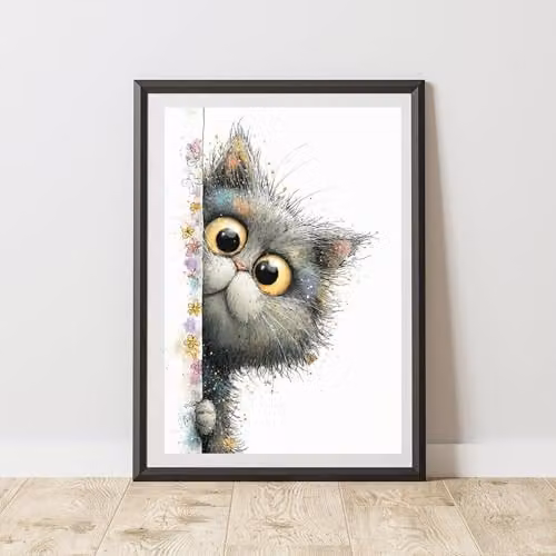 60 Second Makeover Peeking Cat and Floral Print Poster, Black and Multicolour, A3