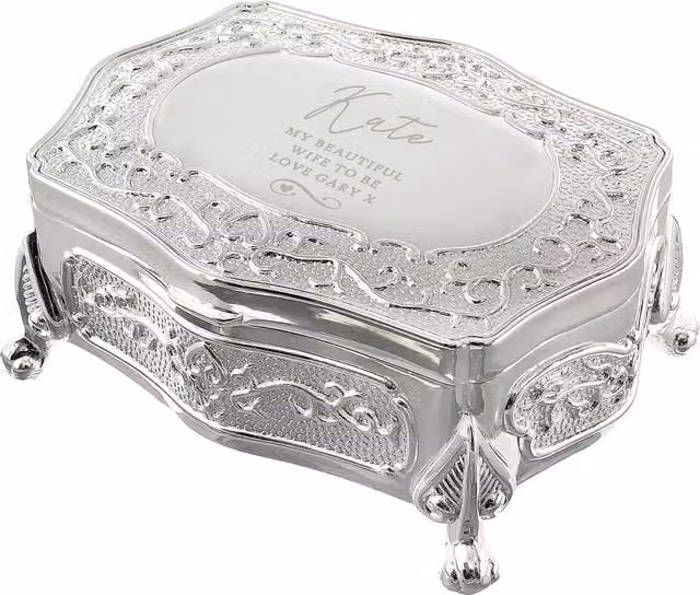 Personalised Memento Company Women's Personalised Swirls & Hearts Small Antique Trinket Box in Metallic Silver