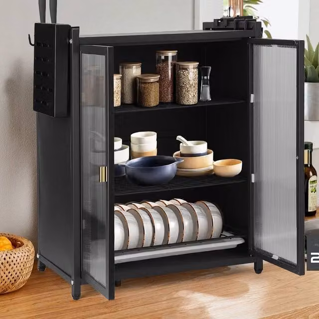 FORGEVIO Modern 3-Tier Kitchen Storage Cabinet with Glass Doors in Matt Black
