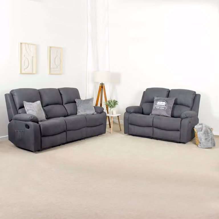 Furnishings For Less UK Alaska Grey Suede Fabric Sofa Set with 3 Seater and 2 Seater Manual Reclining High Back Sofas