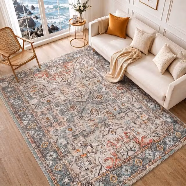 Livabliss Ankara Vintage Grey and Red Traditional Boho Rectangular Rug, W: 160 cm, D: 215 cm