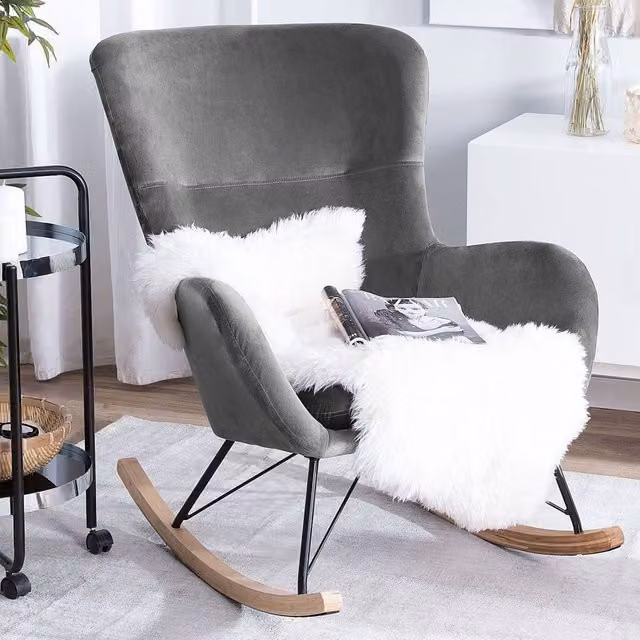 Wyld and Coco Dark Grey Velvet Rocking Chair with Metal Frame and Rubberwood Rockers