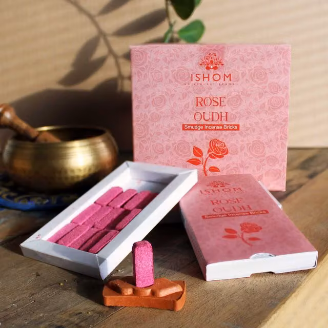 KDMD Pack of 15 Natural Rose Wood Incense Smudge Bricks and Burner in Pink – 1