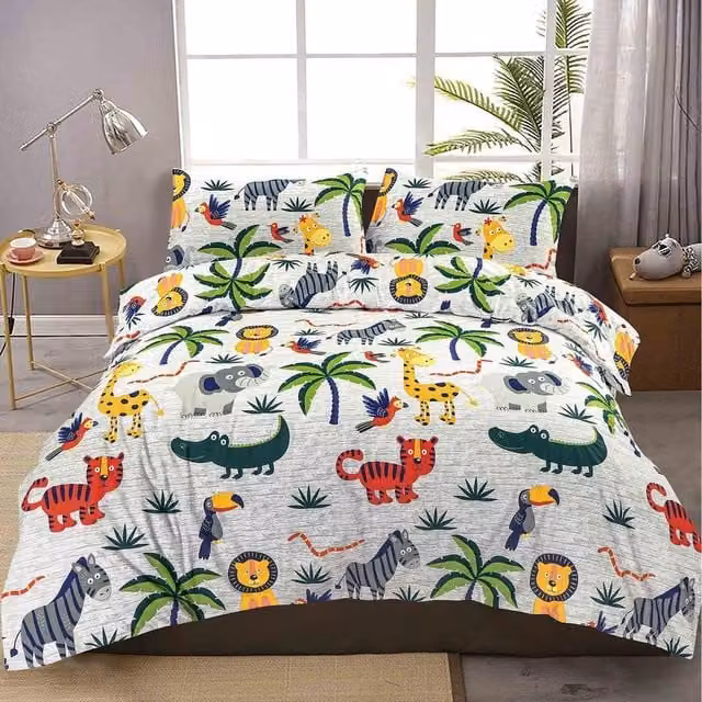HomeSpace Direct Jungle Animals Graphic Duvet Cover Set for Children, Grey and Multicolour