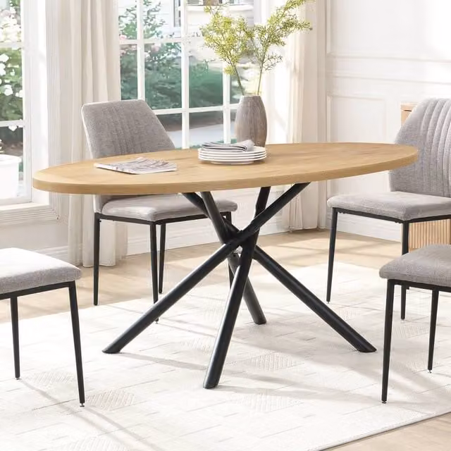 Mona Vale Furniture Oval Dining Table with Light Oak Wood Top and Black Metal X-Frame Base, W/D/H: 170 x 76 x 76 cm