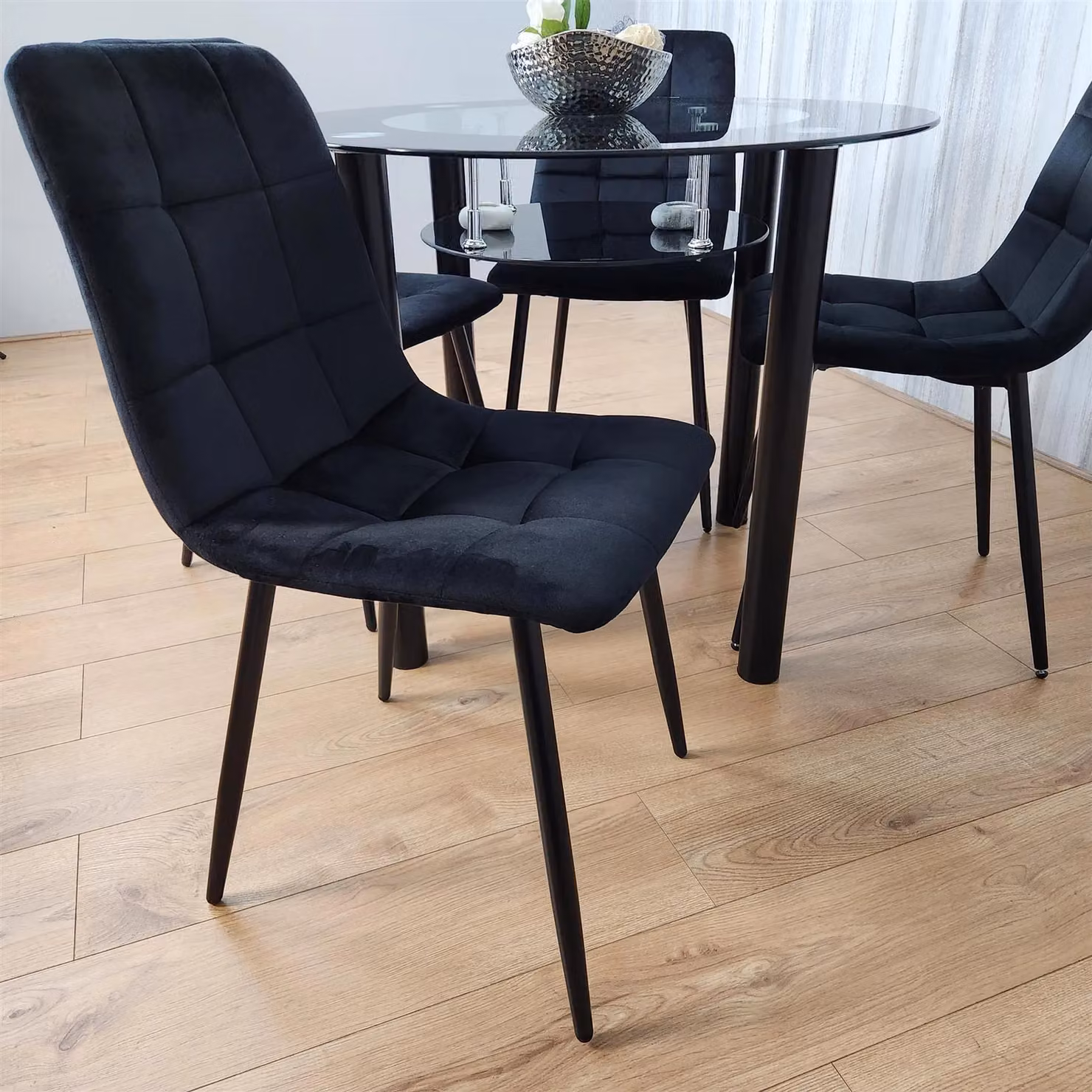 Kosy Koala Modern Round Black Glass Dining Table Set with 4 Black Velvet Chairs, Diameter: 90 cm, Height: 75 cm – 3