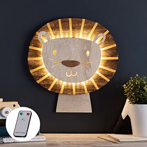 Lights4fun Wooden Lion Safari LED Wall Light in Brown and White with Remote and Timer – 2