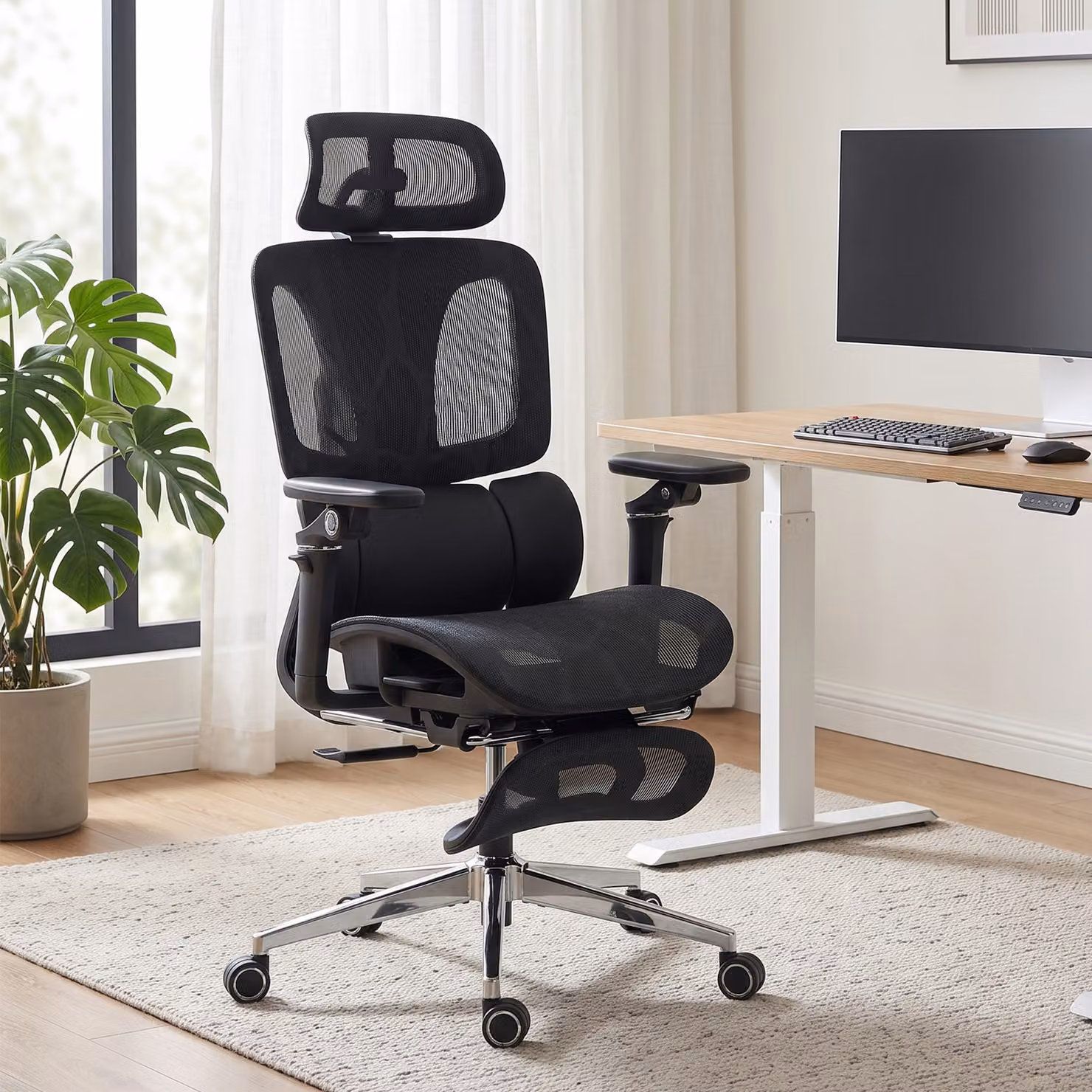 HOMCOM Ergonomic Black Fabric Office Chair with Headrest and Armrests – 2
