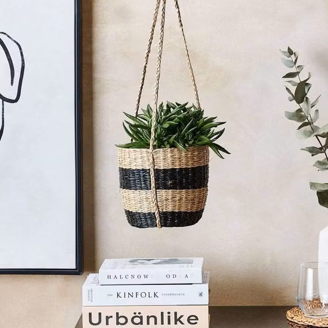 Wyld and Coco Brown Boho Hanging Seagrass Planter, Round, 64 cm