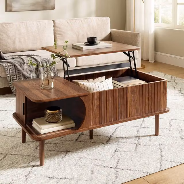 Merax Modern Lift Top Coffee Table with Sliding Door Storage in Walnut Brown, W: 100 cm, D: 60 cm, H: 48 cm