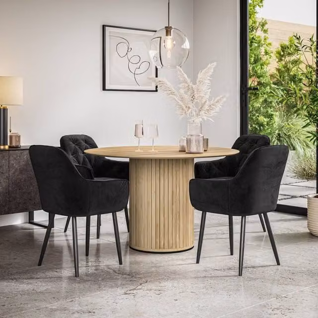More4Homes Arlo Oak Round Dining Table and 4 Black Anika Velvet Dining Chairs Set