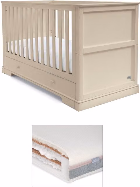 Mamas & Papas Oxford Cotbed and Luxury Hybrid Twin Cotbed Mattress in Beige