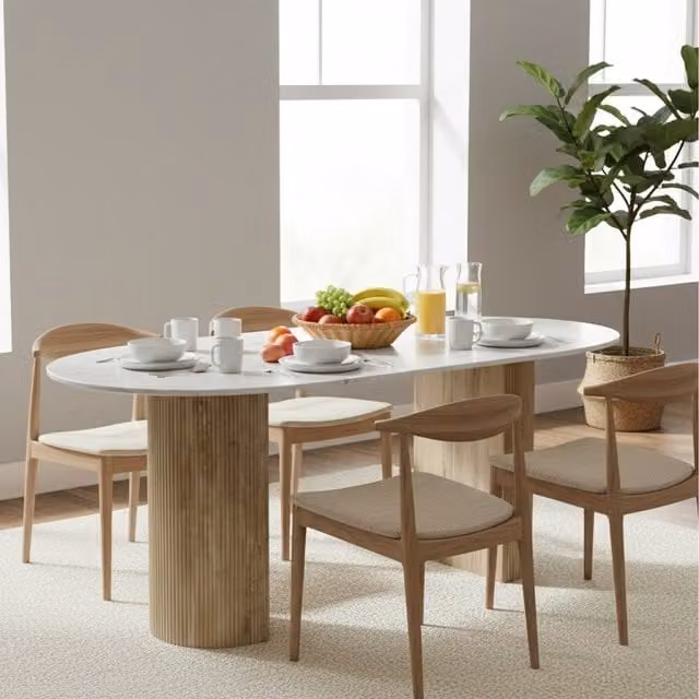 Luxor Living Modern Oval Natural Marble Dining Table, White and Grey, Seats 6 to 8 Adults