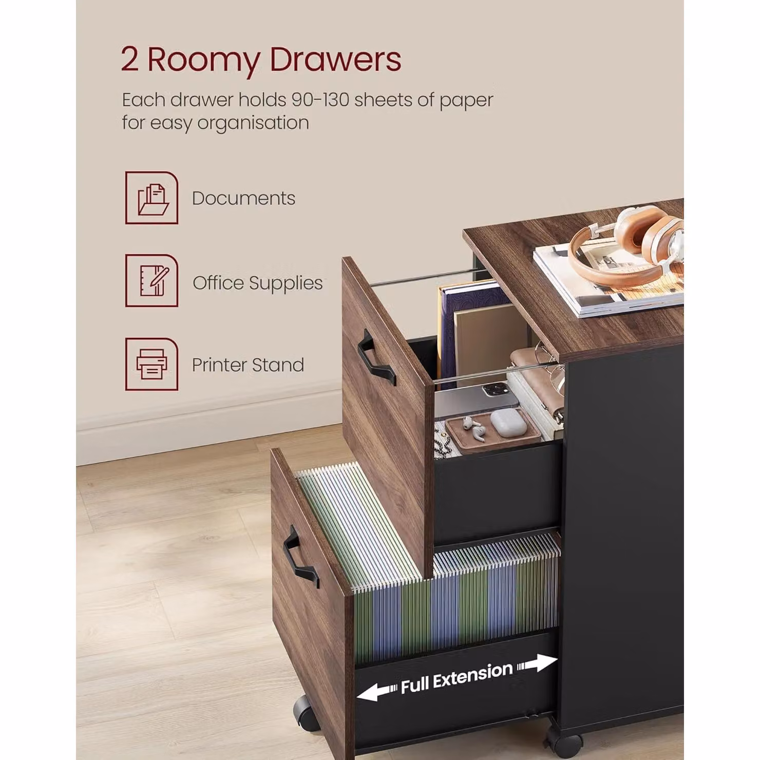 VASAGLE 2 Drawer Rolling File Cabinet in Brown with Castors, H 70 x W 42 x D 40 cm – 3