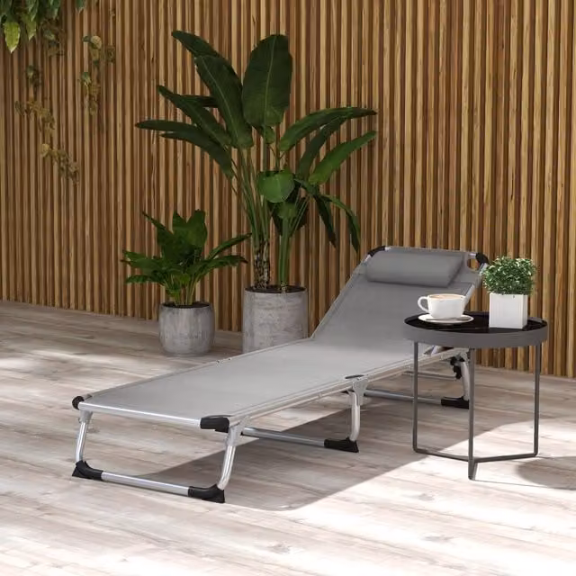 Outsunny Folding Outdoor Reclining Sun Lounger in Light Grey with Adjustable Headrest and Powder Coated Aluminium Frame