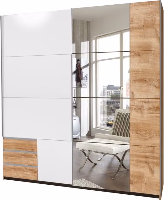 TJS Modern Sliding Wardrobe with Mirror and Drawers in Oak and White