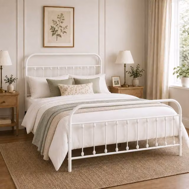 SquareBoxx Amelia Double Metal Spindle Design Bed Frame in White, W/D/H: 140 x 200 cm – 1