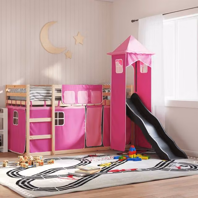 Berkfield Home Pink Solid Wood Childrens Bunk Bed with Slide and Curtains W: 80 cm, L: 200 cm – 1