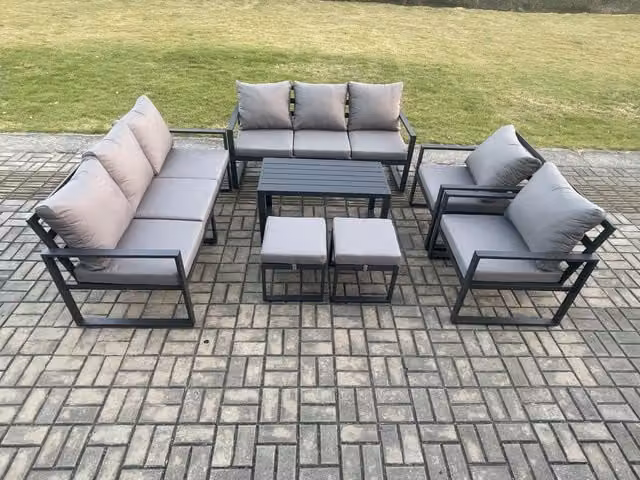 Fimous Dark Grey Powder Coated Aluminium Outdoor Garden Furniture Set with 3 Seater Sofa, Coffee Table and Ottomans
