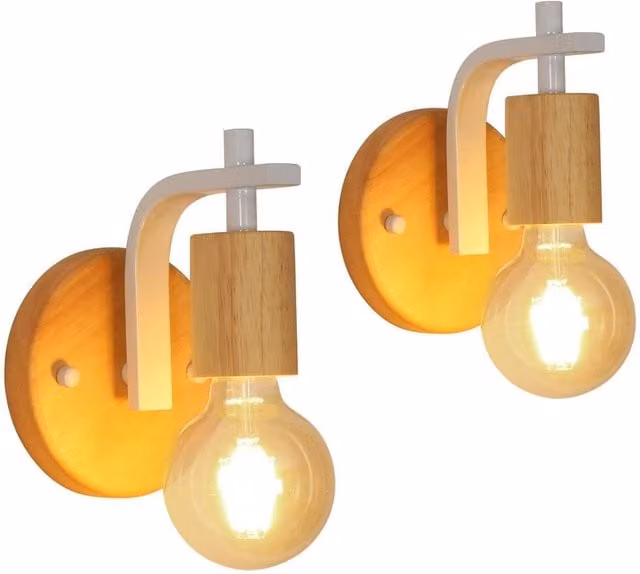 Goeco 2 Piece E27 Wooden Wall Lights in White for Bedroom and Hallway – 1