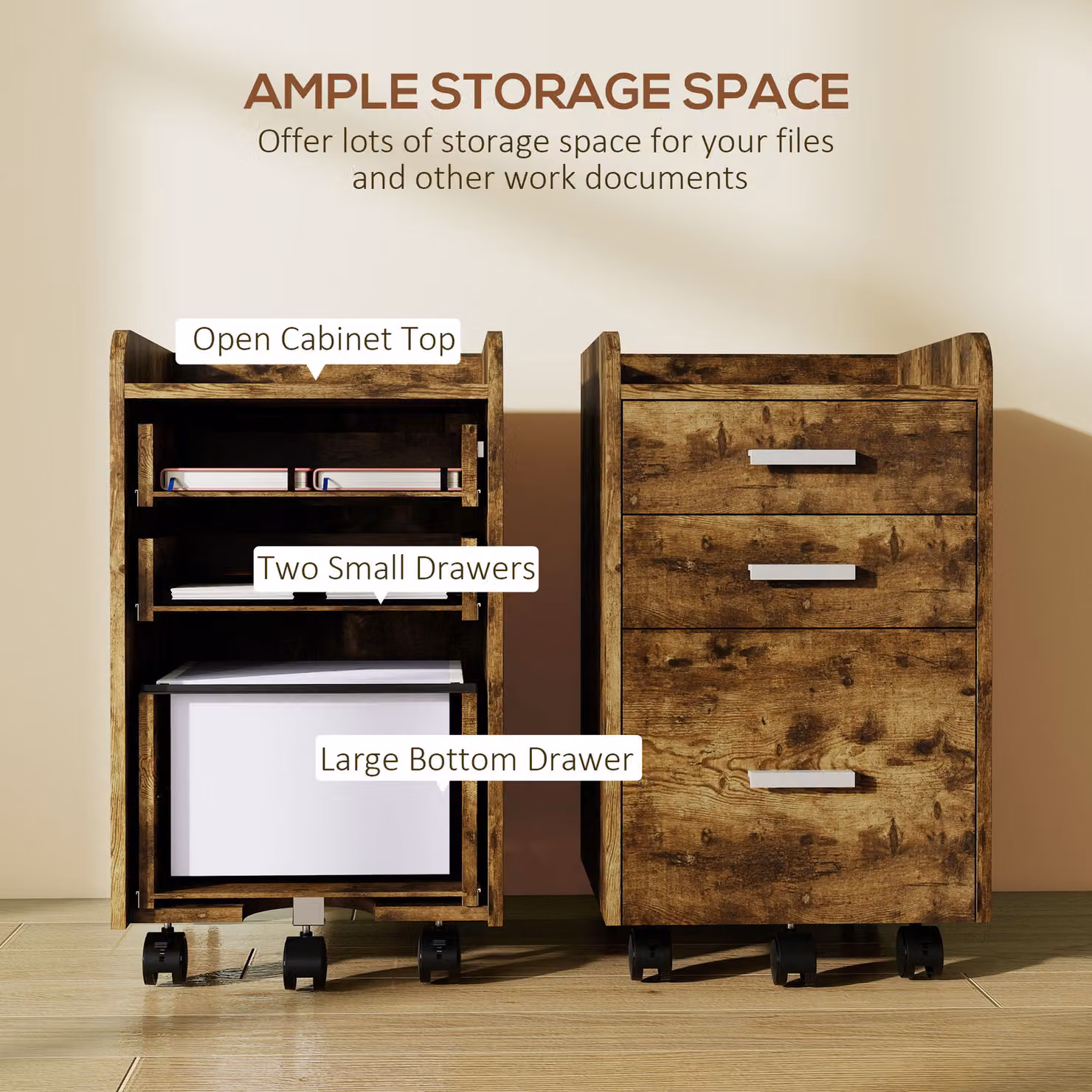HOMCOM 3 Drawer Rolling Filing Cabinet in Rustic Brown for Letter and A4 Size Files – 4