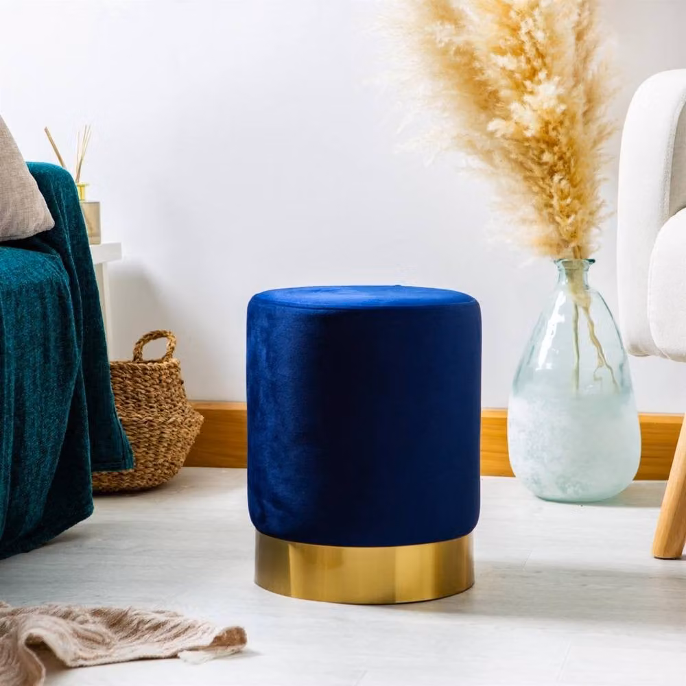 Kelvenix Blue Round Velvet Pouffe Ottoman for Bedroom or Dressing Table, Diameter: 29 cm, Height: 36 cm – 3