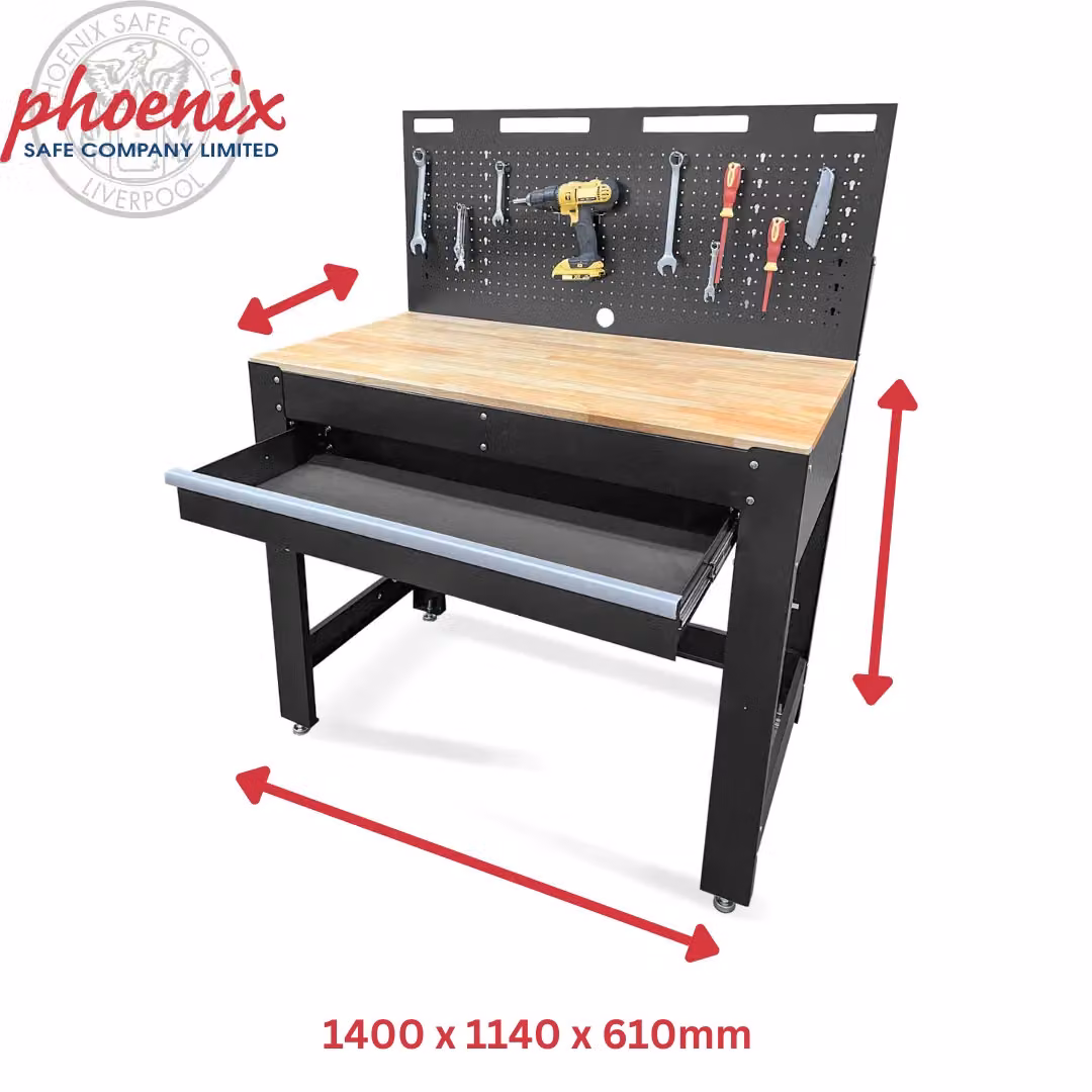 Phoenix Safe Company TW4501B Tool Workbench with Rubberwood Work Surface and Pegboard in Black, W: 100 cm x D: 114 cm x H: 100 cm – 2
