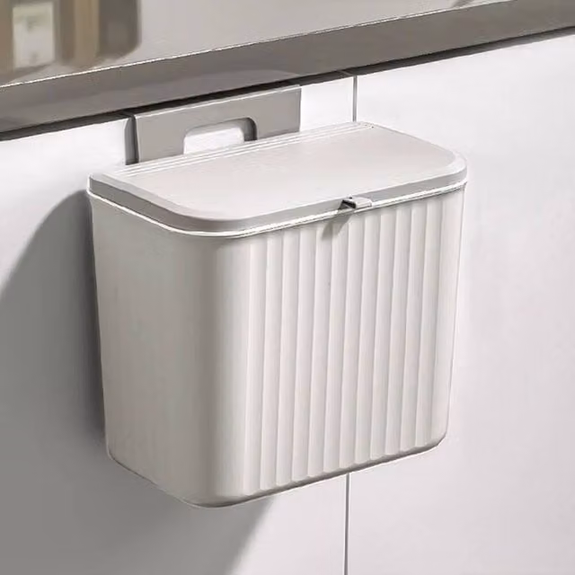 Kelvenix 9 Litre Grey Wall Mounted Plastic Kitchen Cabinet Waste Bin with Flip Lid