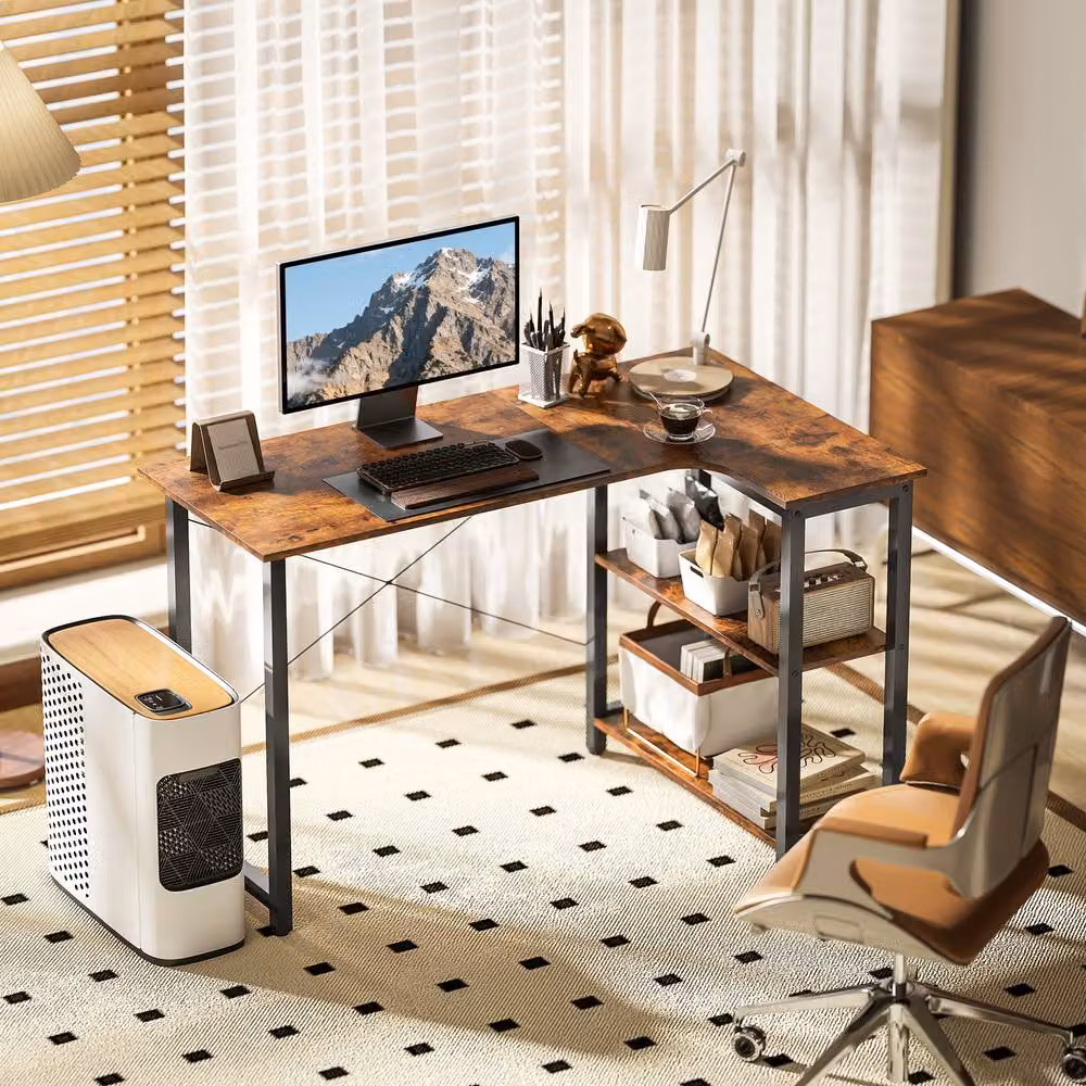 STILVORA L Shaped Corner Desk with Shelves in Rustic Dark Brown – 3