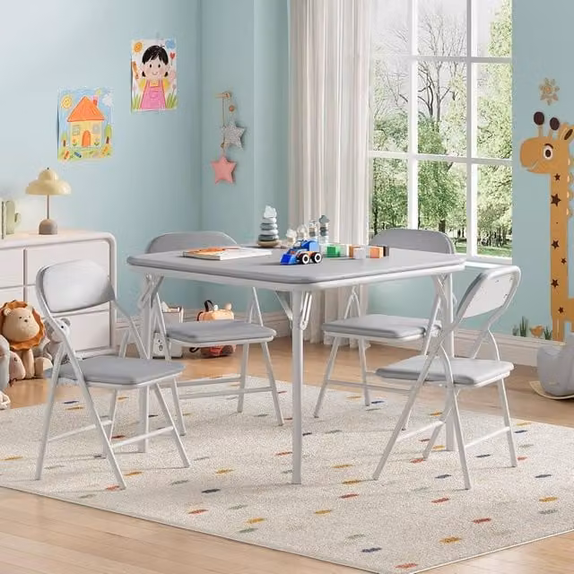 London Boutique 5-Piece Kids Folding Dining Table and 4 Upholstered Chairs Set in Grey
