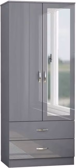 FLAVORA Modern 2 Door 2 Drawer Wardrobe with Mirrored Doors and High Gloss Grey Finish