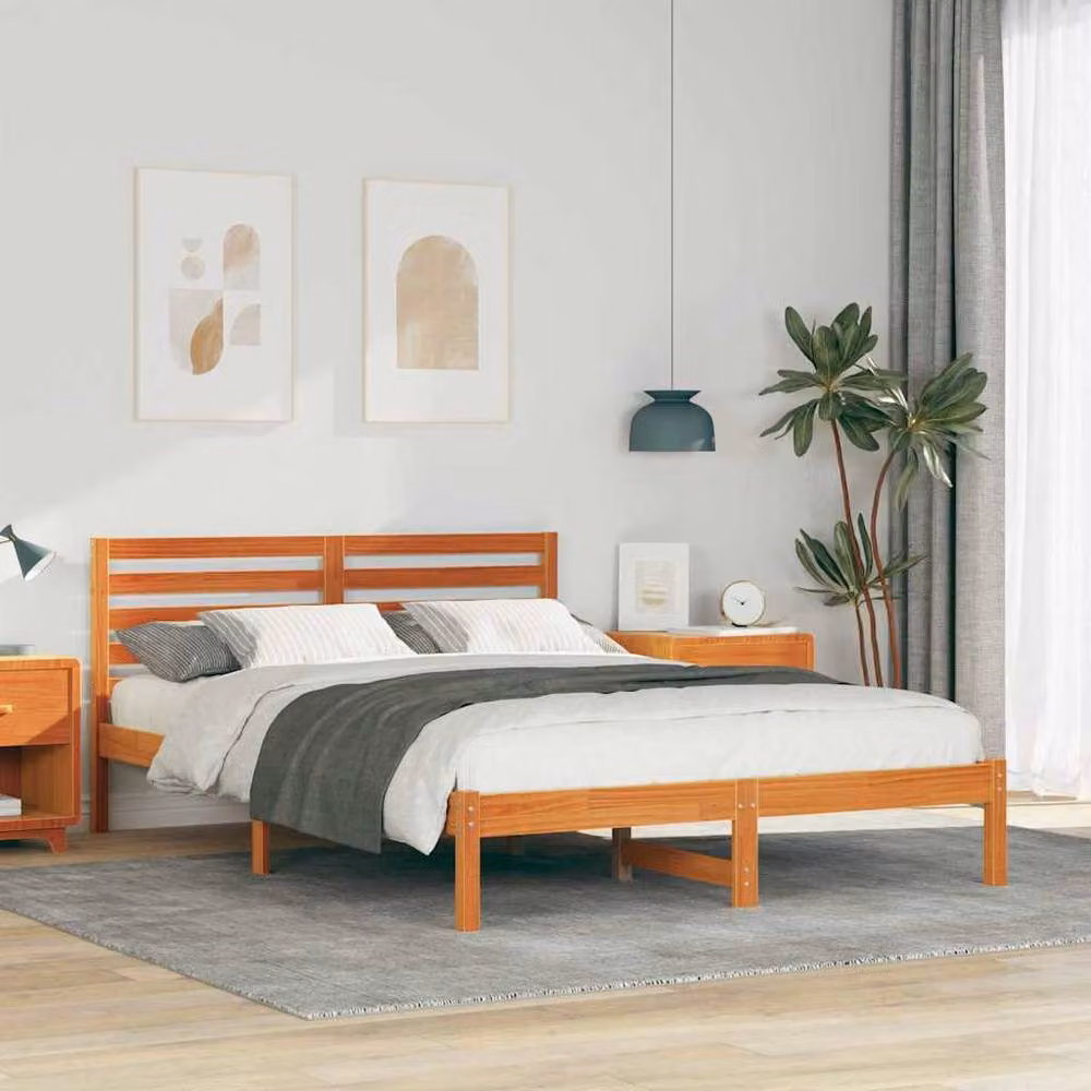 Berkfield Home Wax Brown Solid Pine Wood Bed with Headboard W/D/H: 140 x 210 cm – 2